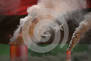 Global warming concept - heavy smoke from industrial chimneys on Libya flag background with space for your content - industrial 3D