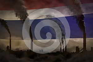 Global warming concept - heavy smoke from industrial chimneys on Thailand flag background with space for your logo - industrial 3D