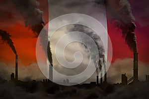 Global warming concept - heavy smoke from industry pipes on Peru flag background with place for your text - industrial 3D