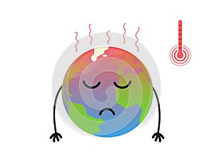 Global warming concept. Hot cartoon Earth planet is sad with hands down. Environmental protection poster. Vector isolated