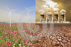 A global warming concept image showing the effect of pollution from nuclear power plant and clean energy from electrical wind