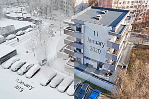 Global warming concept: same location on the same Winter day, one year apart - composition from two photos, one with plenty of