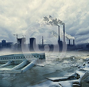 Dark riscaldamento globale concetto congelati rovine della fabbrica e di inquinare l'aria in background.