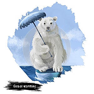 Global warming digital art illustration isolated on white. Polar bear sitting on last ice cliff with umbrella in hands