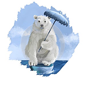 Global warming digital art illustration isolated on white. Polar bear sitting on last ice cliff with umbrella in hands, abstract