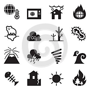 Global warming , Disaster , catastrophe icons set