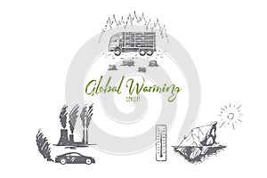 Global warming - factory pollution, iceberg melting, cutting down trees vector concept set