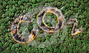 Global warming. Forest fire in form of co2 sign