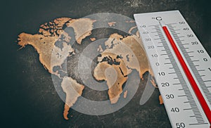 Global warming, Heat wave in the world, Thermometer in front of map world, heatwave in world, Danger extreme heat in world, 3D