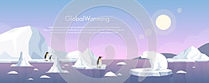 Global warming ice landscape vector illustration, cartoon flat penguins group and polar bear floating on iceberg of