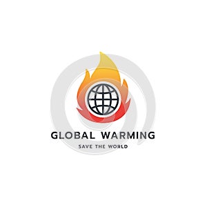 Global warming logo symbol design. Vector image with Earth globe and flames in negative space. Protect the planet