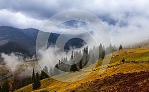 Global warming. mountain landscape. Clouds and fog