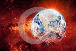 Global Warming and Pollution Concept : Blue planet earth warming and red fire growing around earth.