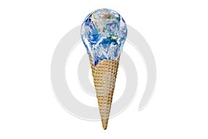 Global Warming and Pollution Concept : Ice cream planet earth globe melting isolated on white background.