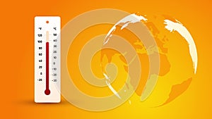Global warming, rotating globe planet earth, rising temperature on thermometer, hot summer heat abstract global problem danger