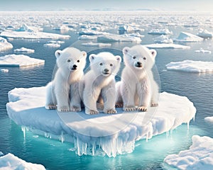 Global Warming Three Young Polar Bears North Pole Stranded Floating Ice island Melting Climate Change AI Generated