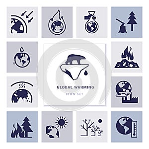 Global warming vector icons on the theme of ecology problems of our planet as a whole.