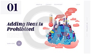 Global Warming Website Landing Page. Tiny Characters Care of Plants on Earth, Factory Pipes Emitting Co2 Gas Smoke