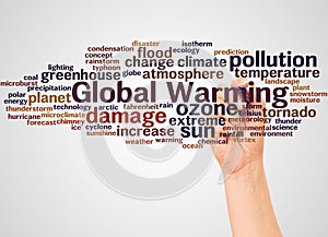 Global Warming word cloud and hand with marker concept