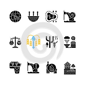 Global water crisis black glyph icons set on white space