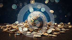 Global Wealth Concept: Globe and Gold Coins Ai generated