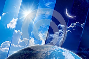 Global weather forecast background, day and night, sun and moon