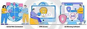 Global web connection, VPN access, Ad blocking software concept with tiny people. Network access vector illustration set. Remote