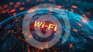 Global Wi-Fi Connectivity Concept Illustration with Wi-Fi Symbol Illuminating a Stylized Digital Earth, Representing Worldwide