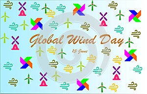 `Global Wind Day` Lettering with colorful Windmills,wind icons, pinwheels