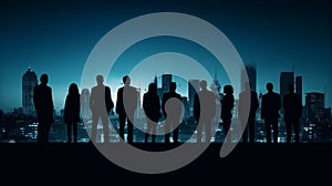 Global workforce, Silhouette business team against blue cityscape background