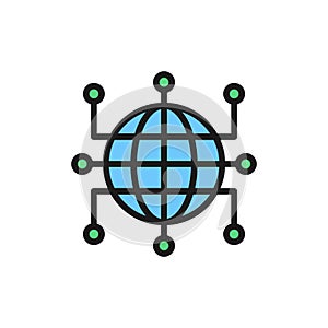 Global world with closed contacts, blockchain, cryptocurrency flat color icon.