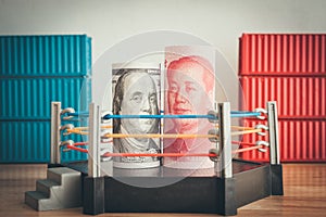Global world economy crisis situation, US vs China trade war and currency war concept. US dollar and Chinese yuan banknotes fights