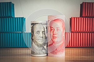 Global world economy crisis situation, US vs China trade war and currency war concept. US dollar and Chinese yuan banknotes fights