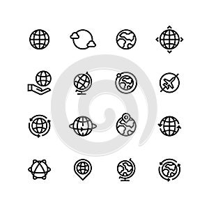 Global world, globe outline icons. Earth, map and travel simple line vector symbols