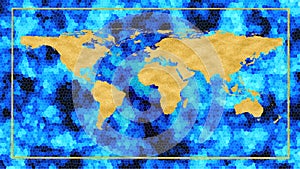 Global world map luxury gold on blue black tone mosiac background golden border