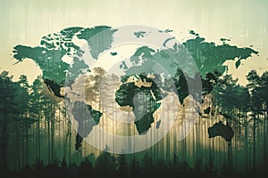 Global World Map Silhouetted Over Forest Trees