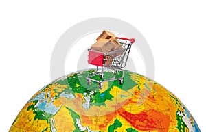 .Global or worldwide online shopping, retail e-commerce and delivery service concept