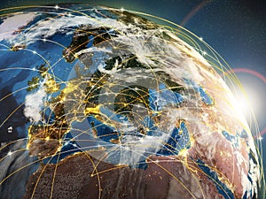 Globalizace nebo komunikace. země a svítivý paprsky 