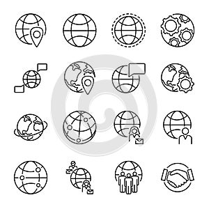 Globalization concept icons collection with various globe shapes and people connection symbols. Monoline simple vector icons set.