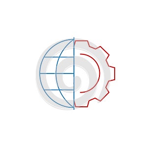 Globalization linear globe and gear, cogwheel icon. Internet technology concept. Can be used for topics like business development