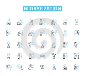 Globalization linear icons set. Interconnectedness, Integration, Interdependence, Homogenization, Cultural exchange