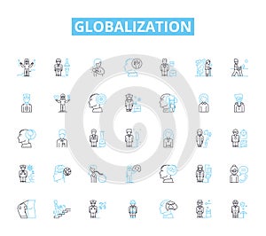 Globalization linear icons set. Interconnectedness, Integration, Interdependence, Homogenization, Cultural exchange photo