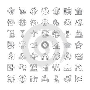 Globalization proccess linear icons, signs, symbols vector line illustration set photo