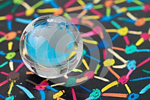 Globalization, social network or connectivity world concept, small decoration globe with colorful pastel link and connect chalk l