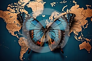 Globalization symbolized by butterfly with map wings, detailed artwork