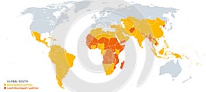 Global South, political map with developing and least developed countries