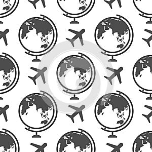 Globe and airplane seamless pattern - or travel background