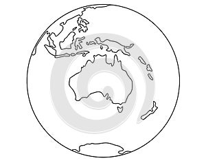 Globe with Australia and Oceania. Planet earth - oceans and continents - linear vector map illustration. Outline. Continent Austr