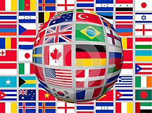 Globe on a background with flags of the world