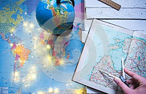 Globe on the background of the world map.